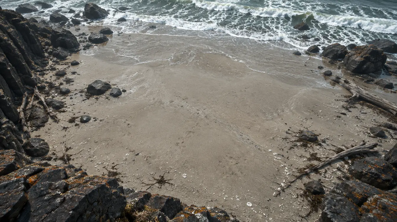 Pantai berpasir abu di bawah tembok, tempat kepiting naik dari ombak.